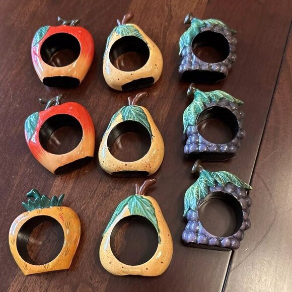 Vtg‎ Fruit Napkin Rings Apple Grapes Pear Pineapple Table Decor Resin Set of 9 - Picture 2 of 6